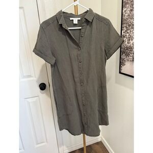 Lucky Brand Olive Green Linen Blend Shirt Dress Button‎ Front Pockets Size S